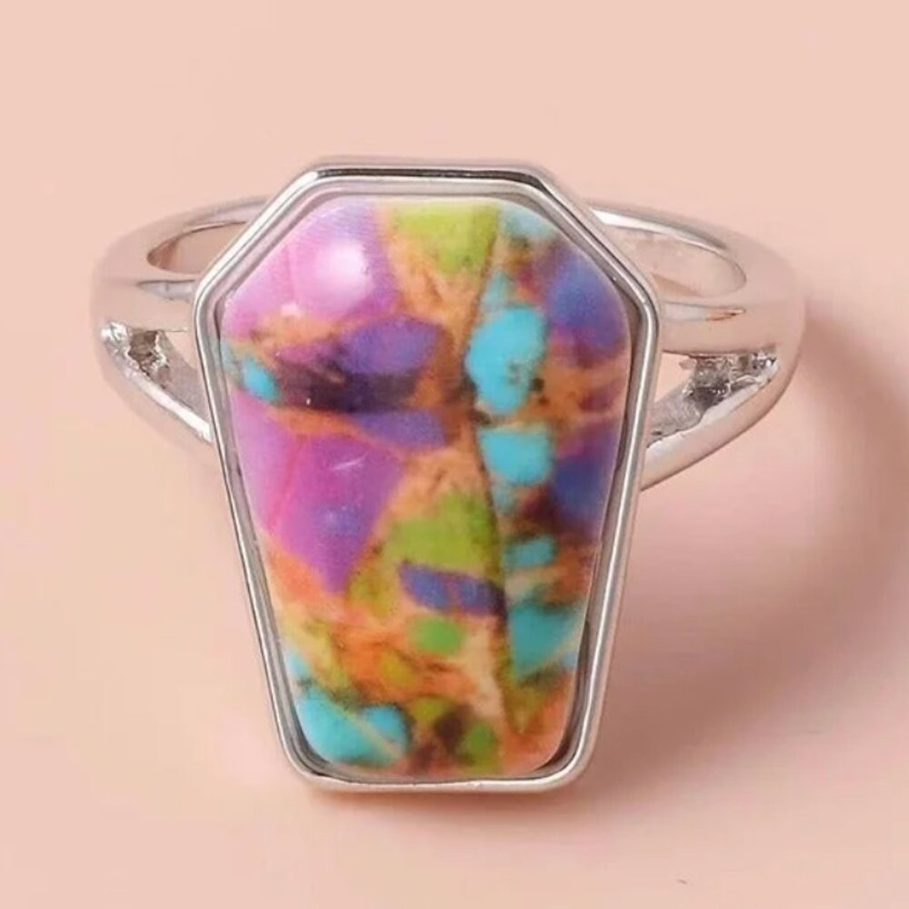 Women's Colorful Bohemian Tie-Dye Ring in a Coffin Cut Silver Split Setting